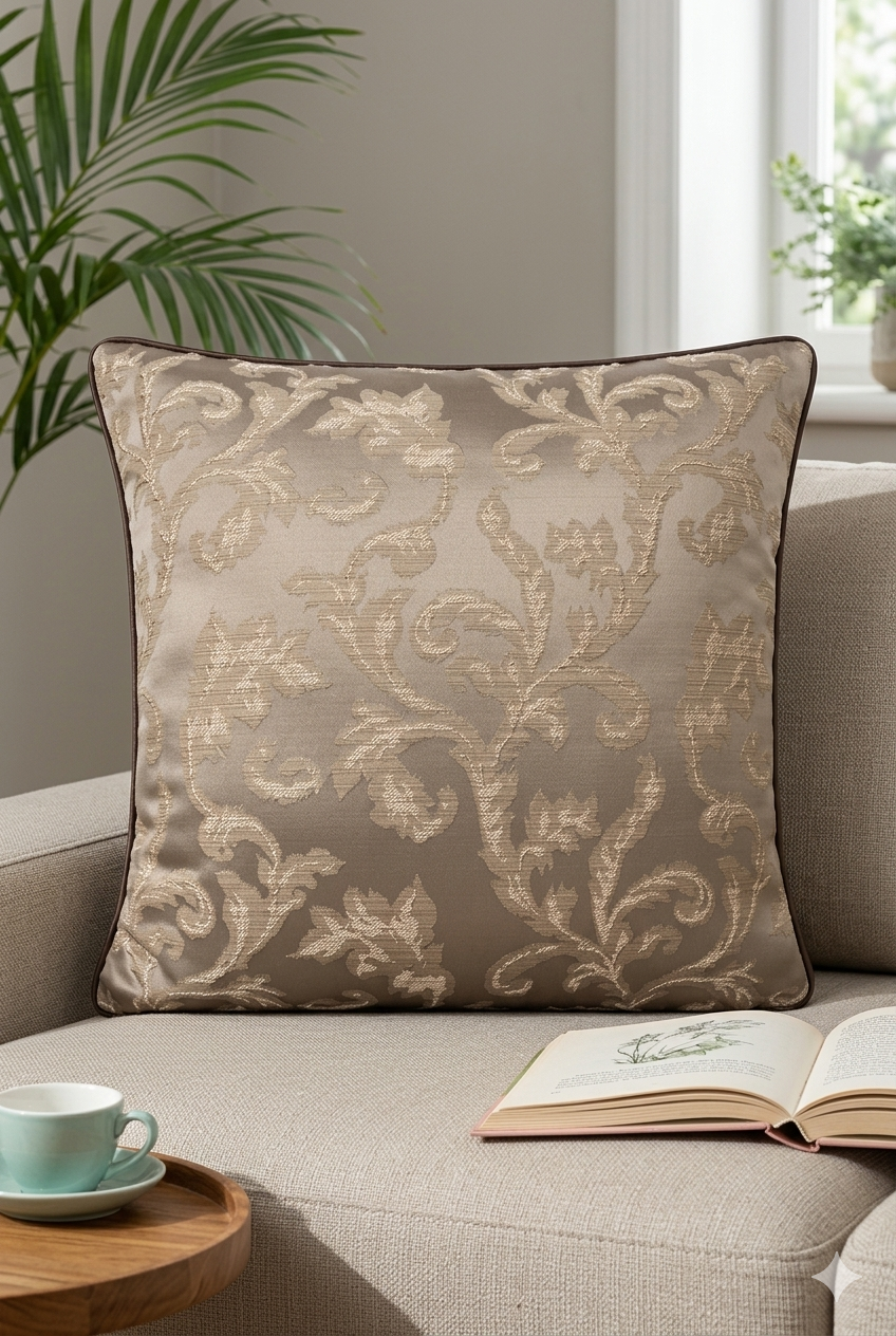 img_3866 Taupe Floral Jacquard Square Cushion Cover - Image 1